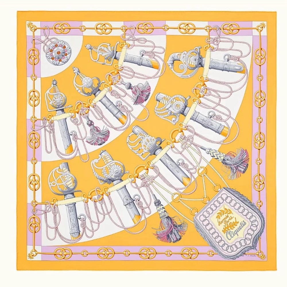 SOLD!! Hermès CLIQUETIS SCARF in Jaune Soleil / Parme / Gris Acier